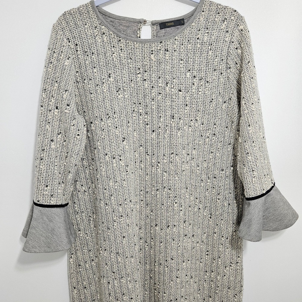 Anthropologie THML Knit Tweed Bell Sleeve Mini Dress Textured Cream Grey L